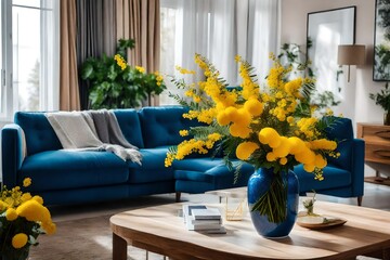 Bouquet in a vase against the background of the living room with a blue sofa, bright flowers of spring mimosa