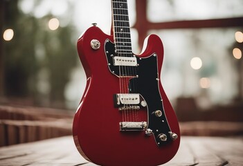 Vintage red electric solid body guitar standing Isolated on white - obrazy, fototapety, plakaty