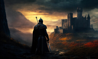 The knight standing in front of the abandoned castle in the dark night. 