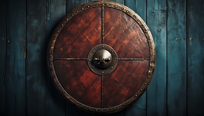 Weathered viking shield  intricate wood grain and battle scars, showcasing history and strength