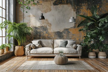 natural contemporary living room mockup template room ideas cosy comfort sofa with blank space wall...