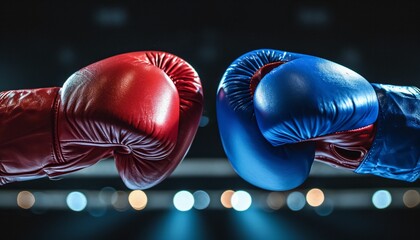 Red and blue boxing gloves clashing. Head-to-head confrontation and conflict. - obrazy, fototapety, plakaty