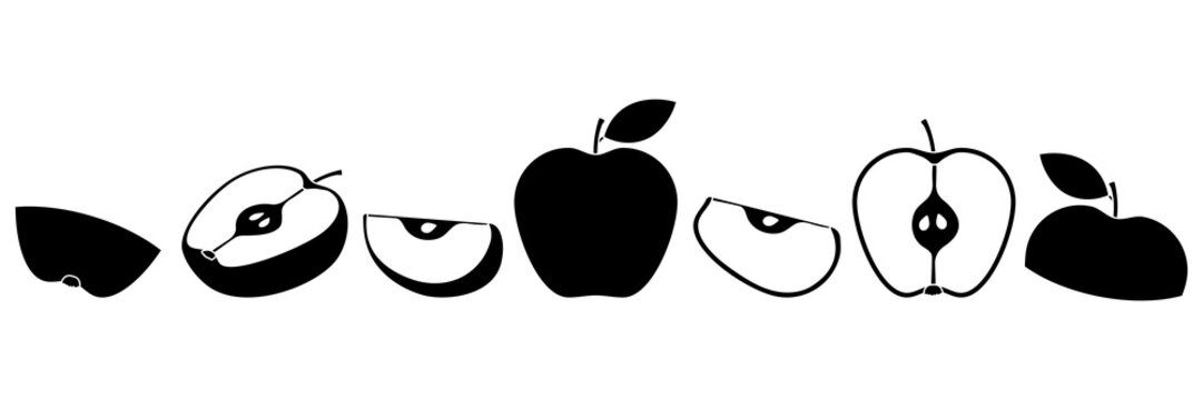 Different apples silhouettes parts set. Whole, half and slices of apple collection. Vector illustration isolated on white.