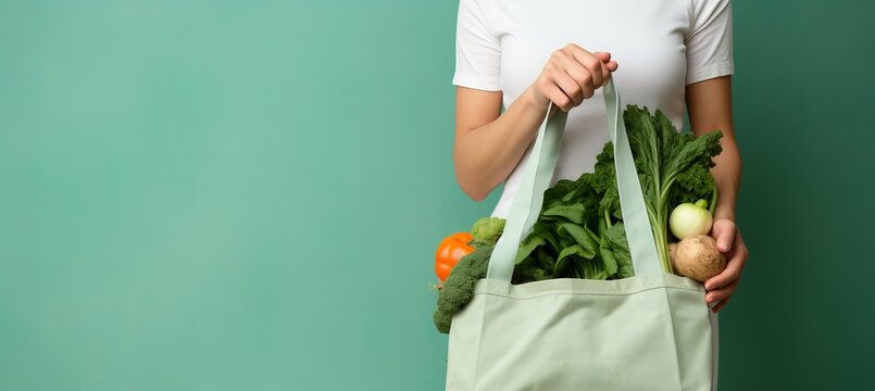 Eco friendly person holding reusable tote bag with local products on green background