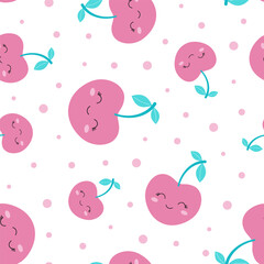 cherry character seamless pattern, berry with smiley face, creative texture for fabric, packaging, textiles, wallpaper, clothing, flat vector illustration for kids, cute fruit background