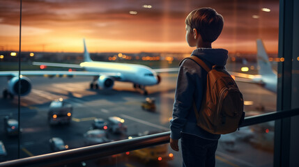 little boy carrying a bag Looking at airplanes in the terminal while waiting to board at the airport. - obrazy, fototapety, plakaty