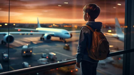 Foto auf Leinwand little boy carrying a bag Looking at airplanes in the terminal while waiting to board at the airport. © BB_Stock
