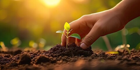Nurturing nature future. Child hopeful act of planting small seedling embracing concept of environmental sustainability and eco friendly agriculture to care for green earth one sprout at time