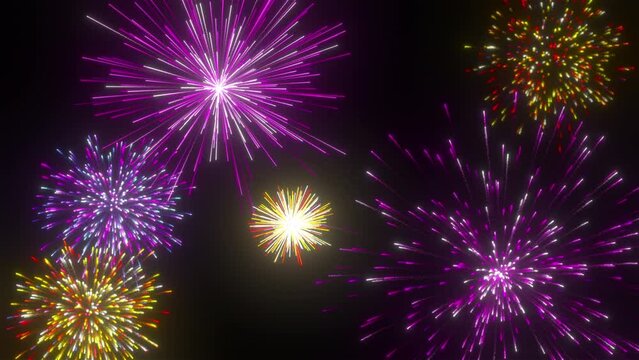 Colorful fireworks on black background. Computer generated 3d render