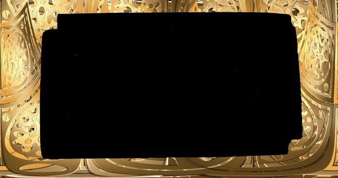 Wavy changing shiny golden frame overlay effect in 4K.Gold floral vintage ornamental jewelry like sparkling rectangular frame decorative luxury BG. Art decor elegant antique geometric minimal border.