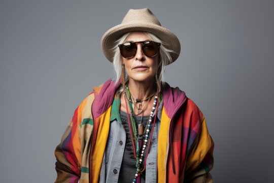 Mature hippie woman wearing hat and colorful clothes. Studio shot over grey background.