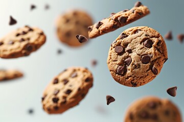 Chocolate chip cookies flying against a plain background. AI generative