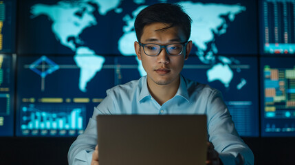 asian stock analysis man with glasses sitting front of his laptop presenting data about investment portfolio with world map on the projector monitor in meetingroom