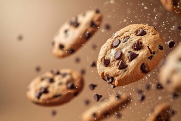 Fototapeta na wymiar Chocolate chip cookies flying against a plain background. AI generative
