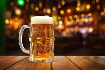 A glass of beer on the table, a glass mug with foamy beer in close-up with an empty space