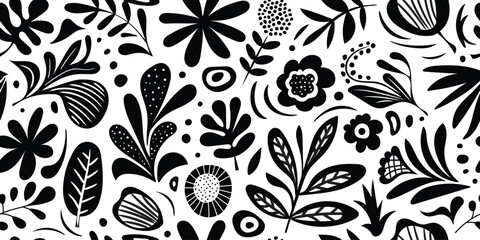 Hand drawn plant elements, flowers and leaves, seamless pattern, vector design