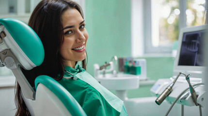 Cheerful woman reclines in a dentist's chair, displaying bright smile in modern and clean dental clinic, conveying positive healthcare experience.