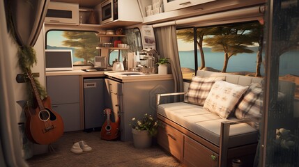 Interior of a trailer of mobile home, or recreational vehicle standing on the shore. Camping in the nature, and family travel concept.