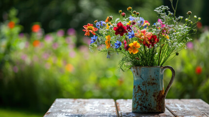 Fototapeta na wymiar Bunch of wild field flowers on table, summer scenery, natural green garden background