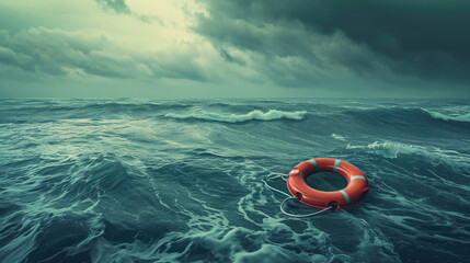 Lifebuoy floating on sea in storm weather - Powered by Adobe