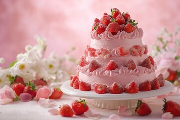 Obraz na płótnie Canvas It is a luxurious and beautiful strawberry 3-tier cake. generative ai