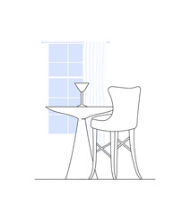 Interior composition of small table and single chair in front of window. Cafeteria table for date with yourself. Outline illustration with light blue. Vector illustration