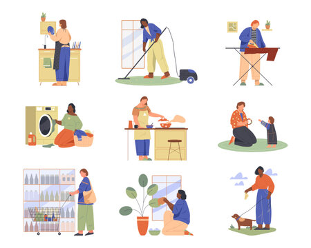 Woman day routine, housekeeping and housework. Vector isolated image set. Washing and ironing, laundry and cleaning, shopping, cooking, vacuuming, baby and pet care. Domestic duties.