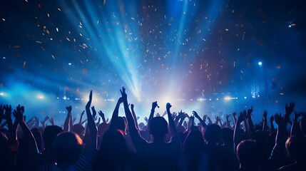 live, rock concert, party, festival night club crowd cheering, stage lights and confetti falling. Cheering crowd. Blue lights. - obrazy, fototapety, plakaty