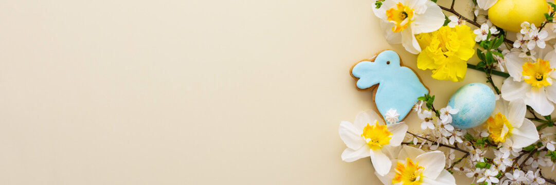 Festive banner with spring flowers and naturally colored eggs and Easter bunnies, white daffodils and cherry blossom branches on a yellow pastel background © pundapanda