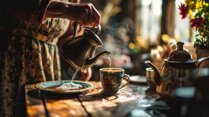 Close up of senior woman pouring boiling water into a cafetiere