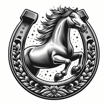illustration of horse and horseshoe. vintage style. ai generate	