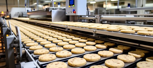 Baking cookie production line with biscuits on a conveyor belt in a bustling confectionery factory