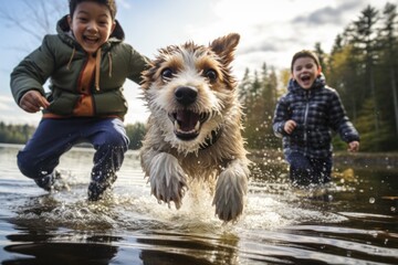 Close-up of three boys jumping into a lake beside the forest with their pet dog. wide angle