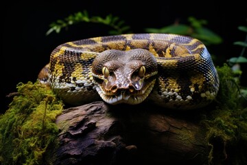 Obraz premium Coiled around a lichen covered branch this royal python is looking down as if about to strike wide angle