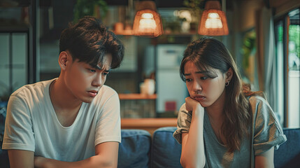 Asian young quarrel couple love fight relationship in trouble. Different people are emotionally angry. Argue husband has expression, upset with wife. The problem of family people. - obrazy, fototapety, plakaty