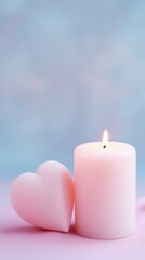 Heart shaped candle on blue background, Valentine's Day, free space for text