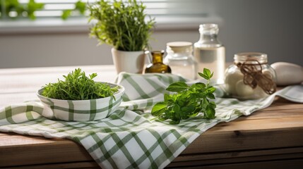 Country kitchen setup with fresh herbs scattered on a white wooden table and a classic checkered green towel - obrazy, fototapety, plakaty