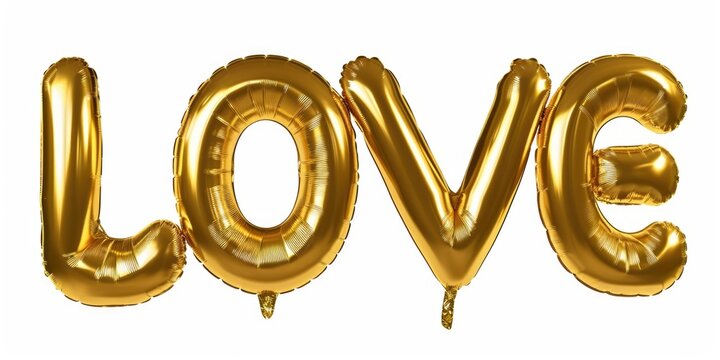 The word love is made of gold foil balloons