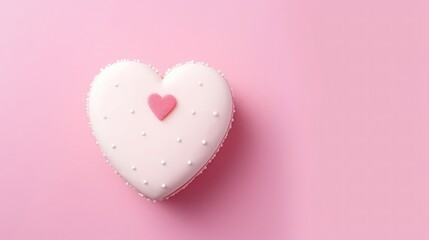 Fototapeta premium Bento cake with heart shaped heart pattern on light pink background, Valentine's Day, free space for text