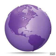 3D Earth Globes with shadow on white background. Purple Modern world map. World planet. Travel around the world, Earth Day, or environment conservation concept. 3D vector illustration.