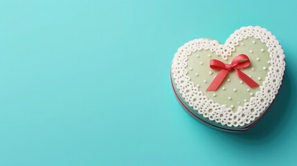 Bento cake with heart shaped heart pattern on turquoise background, Valentine's Day, free space for text