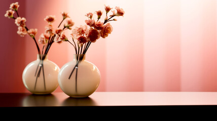 Vases with blossoming cherry branches in pink interior