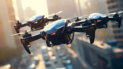 Drones over city, surveillance and control concept - obrazy, fototapety, plakaty