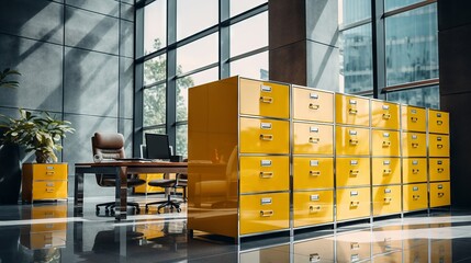 Corporate archive scene with a focus on a silver file cabinet and yellow folders in a sleek office environment - obrazy, fototapety, plakaty