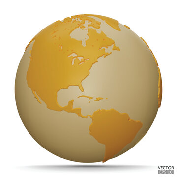 3D Earth Globes with shadow on white background. Yellow Modern world map. World planet. Travel around the world, Earth Day, or environment conservation concept. 3D vector illustration.