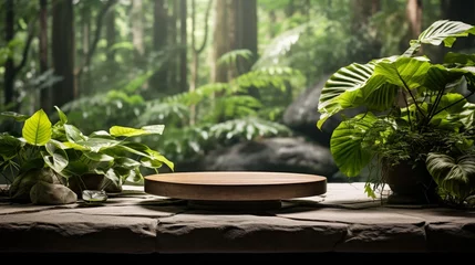 Fotobehang Serene Zen garden with a smooth stone podium surrounded by lush greenery and soft morning light © PRI