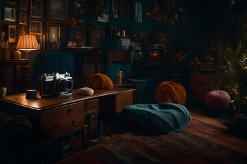 Imagine a scenario where characters organize a cozy knitting session in their creative nook, capturing the moments with a vintage camera to document the shared experience.
