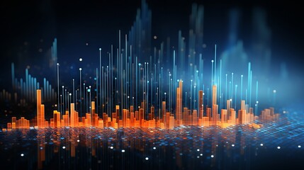 Dynamic business graph visualization with blue and orange data points,superimposed on a backdrop of financial symbols