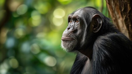 Chimpanzee in profile against a blurred forest background