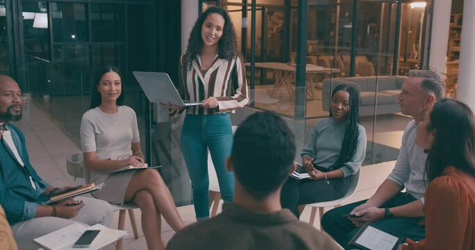 Business people, trainer or presentation in training in workshop, collaboration or communication in job. Diversity, employees and discussion of networking in group and professional on work project